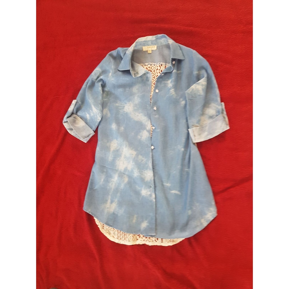 Button Down Shirt Men's Blue EUC Tie-Dye, Lace Trim